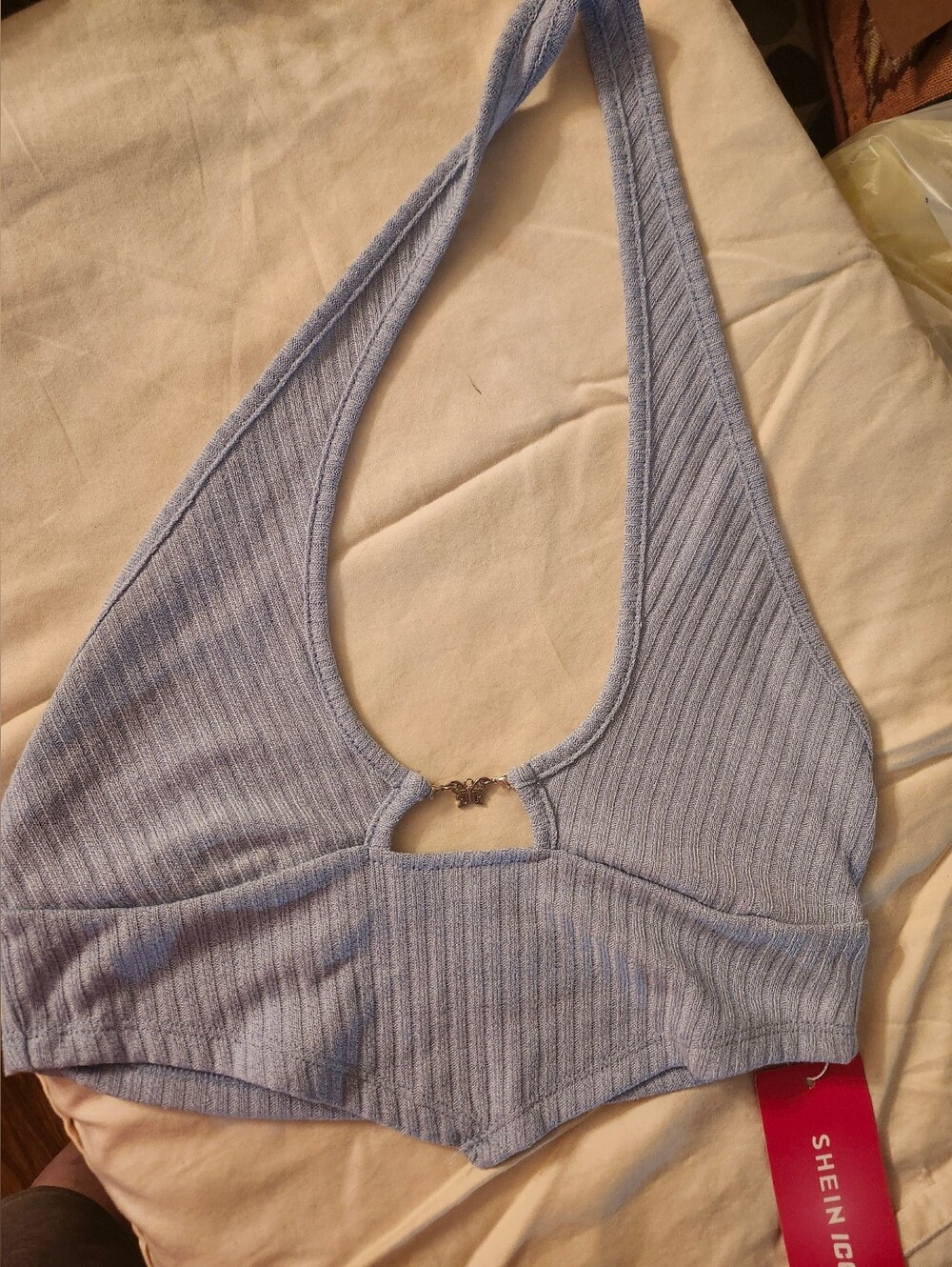 SHEIN Light Blue Ribbed Halter Bralette with Front Cutout